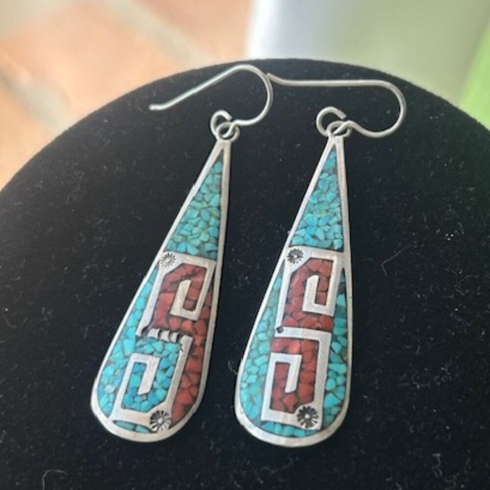 NAVAJO STERLING SILVER Crushed Turquoise Coral Inlay Teardrop EARRINGS